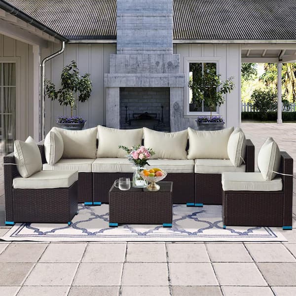 Brown 6 Seat 7 Piece Rattan Wicker Steel Patio Outdoor Sectional Set with Coffee Table and Beige Cushions