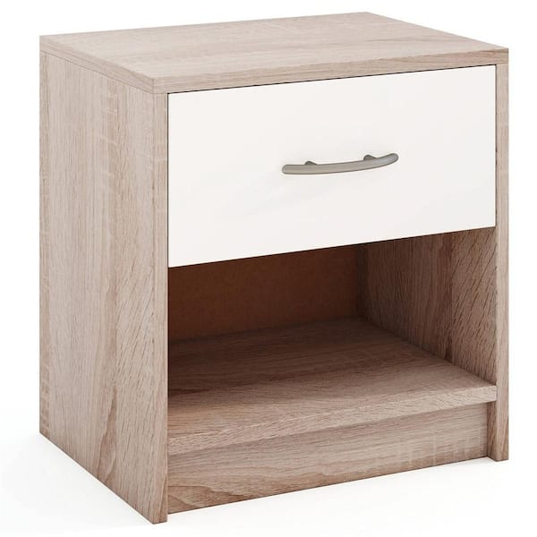 Natural and White 1-Drawer 15 in. Modern Nightstand Bedside Table with Drawer Open Storage Shelf for Small Spaces