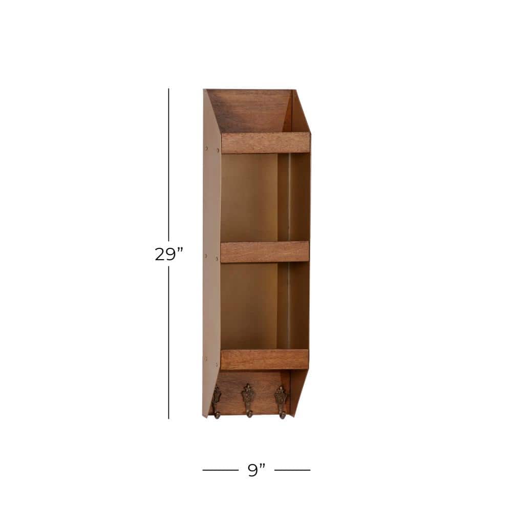 Tall Brown Mango Wood and Metal Wall Shelf with Hooks