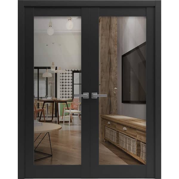 56 in. x 84 in. 2 Panel Black Matte Finished Solid Wood Sliding Door with Hardware
