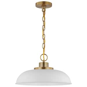 Colony 100-Watt 1-Light Matte White/Burnished Brass Shaded Pendant Light with White Metal Shade, No Bulbs Included