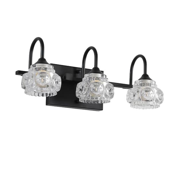 17 in. 3-Light Black Vanity Light with Crystal Glass Shades