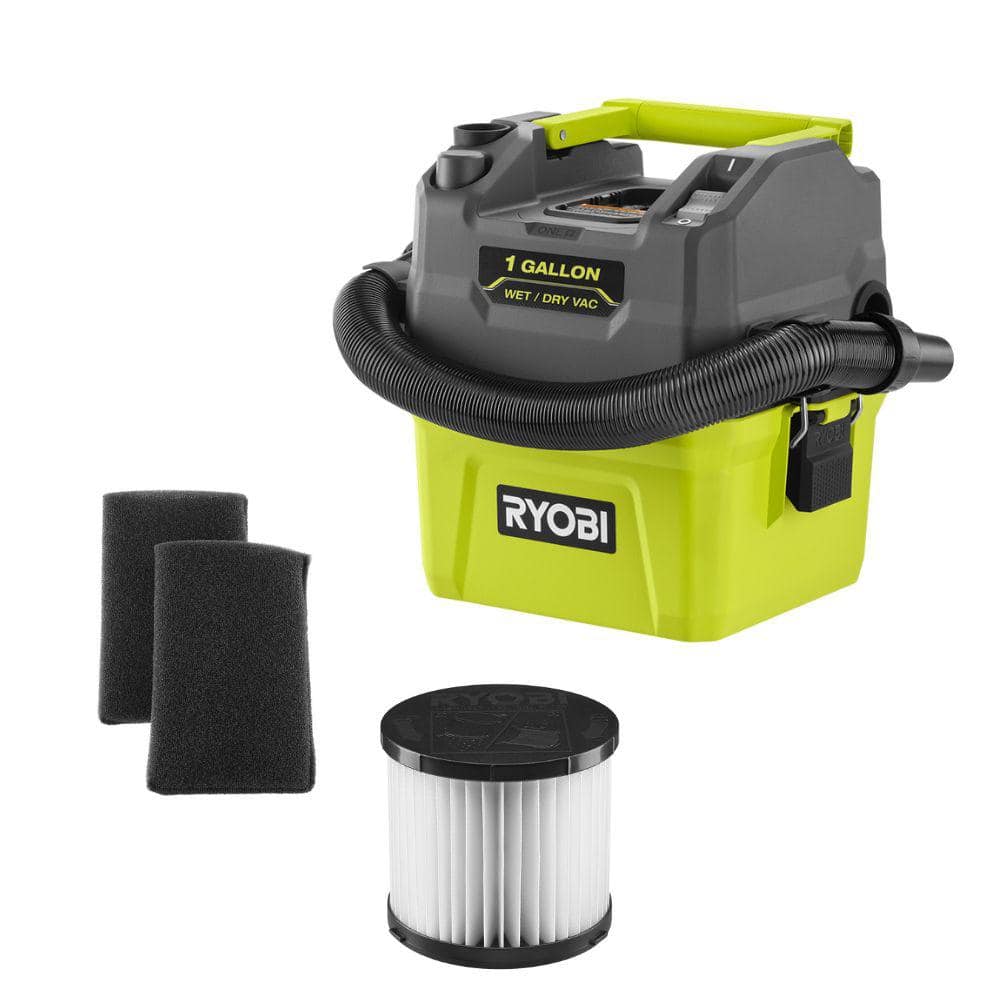 RYOBI ONE+ 18V Cordless 1 Gal. Wet/Dry Vacuum (Tool Only) with Extra Filter and Foam Filter, Greens