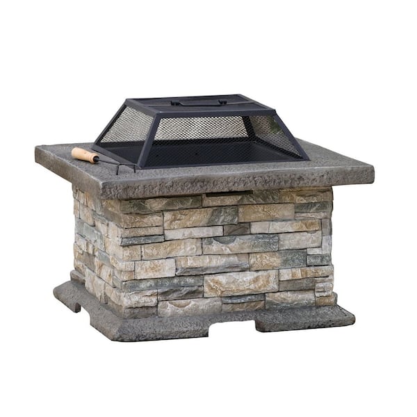 29 in. W x 17 in. H Stone Square Wood Burning Outdoor Fire Pit in Stone Gray