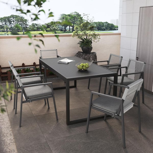 Modern 7-Piece Aluminum Outdoor Dining Set with Gray Cushion, Premium Rust-Resistant Table & 6-Chairs with Woven Rope