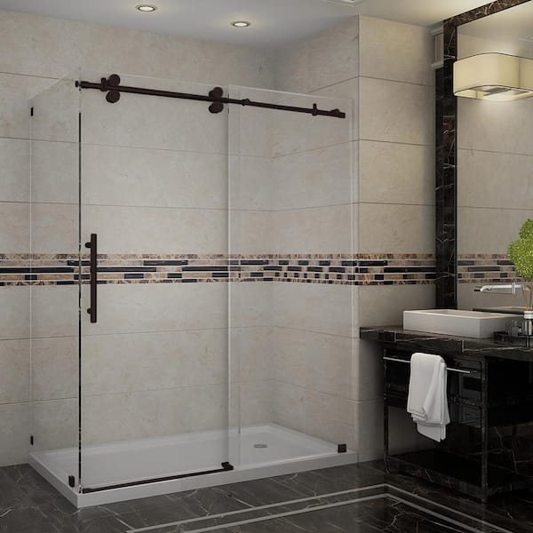 Aston Langham 60 in. x 77.5 in. x 35 in. Frameless Corner Sliding Shower Door in Bronze, Right Drain