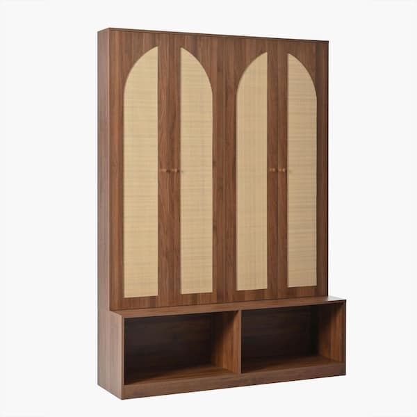 Nestfair Walnut Hall Tree with 4-in-1 Seating Bench, Shoe Cabinet, Adjustable Shelf and 4 Rattan Doors with 6 Hooks