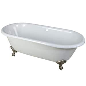 66 in. Cast Iron Brushed Nickel Claw Foot Double Ended Tub in White