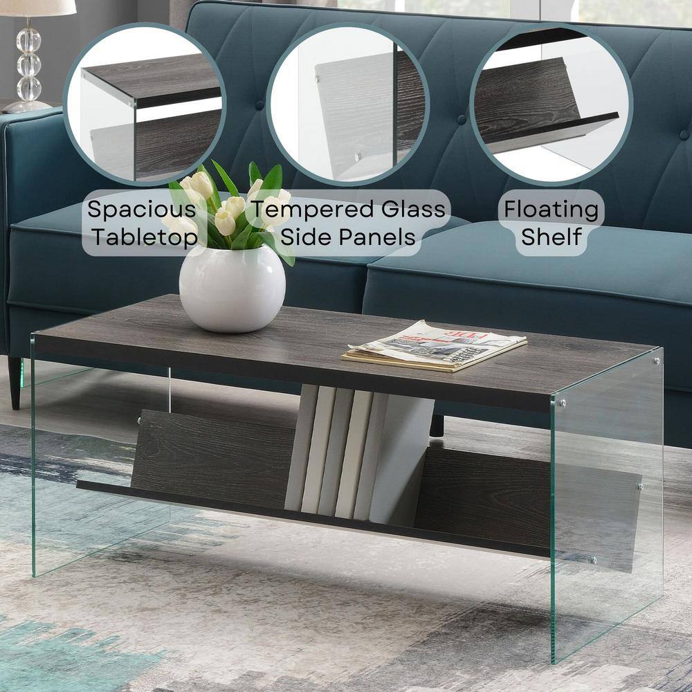 Weathered Gray and Glass Modern Coffee Table with Shelf