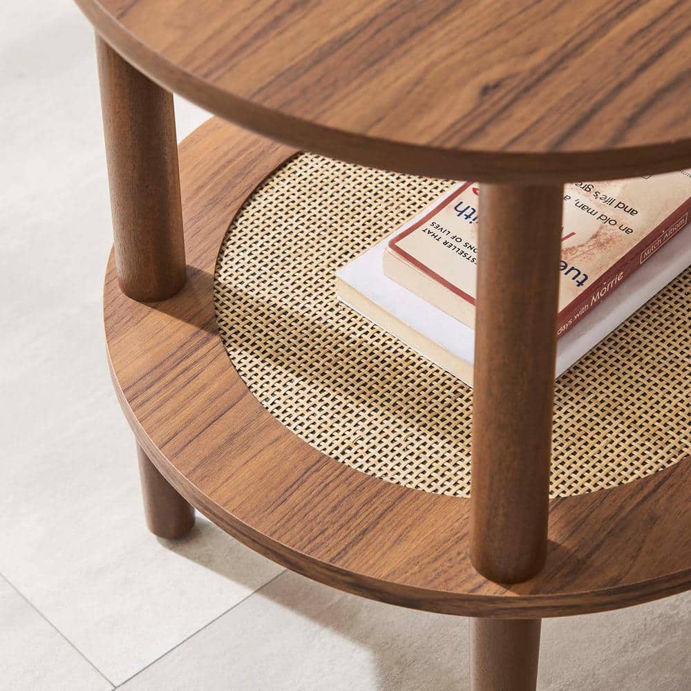 Walnut Round Wood Side Table with Rattan Shelf