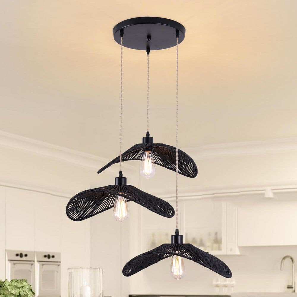 60-Watt 3 Light Black Dimmable Farmhouse Boho Pendant Light with Black Rattan Shade and No Bulbs Included for Bedroom price history on PriceWatchPro