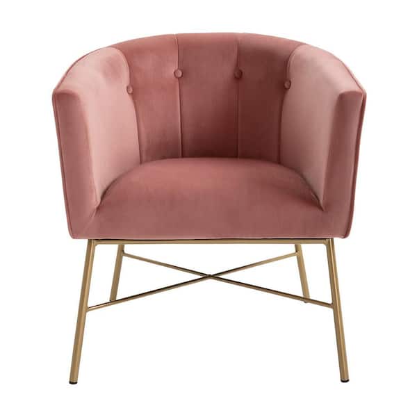 FurnitureR Falette Pink Velvet Accent Chair with Golden Base Barrel