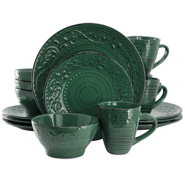 Elama Pacifica Emerald Coast 16-Piece Dinnerware Set in Dark Green