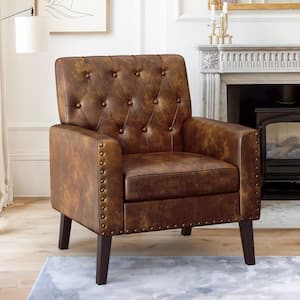 Whiskey Brown Faux Leather Walnut Legs Mid Century Modern Button Tufted Accent Chair