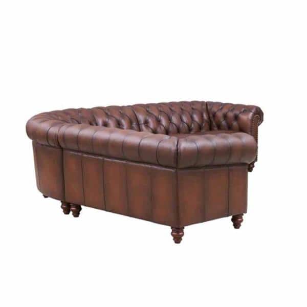 Caramel Brown Leather Tufted Chesterfield Sectional Sofa with Rolled Arms