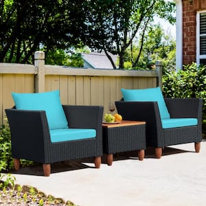 3-Piece Wicker Outdoor Patio Conversation Set Furniture Set with Turquoise Cushions and Acacia Wood Coffee Table