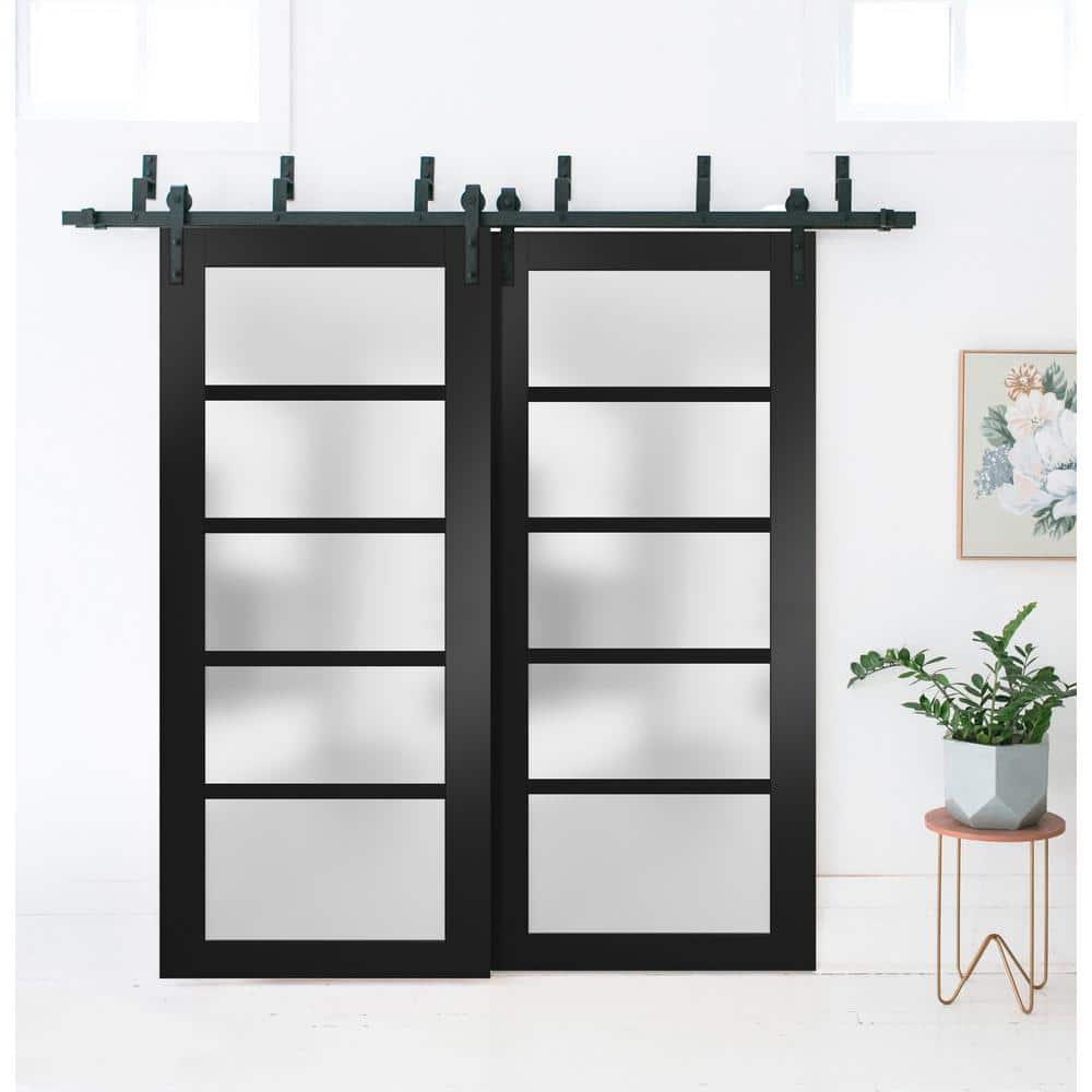 Matte Black Solid Core Frosted Glass Barn Bypass Doors 64 x 80 Inches