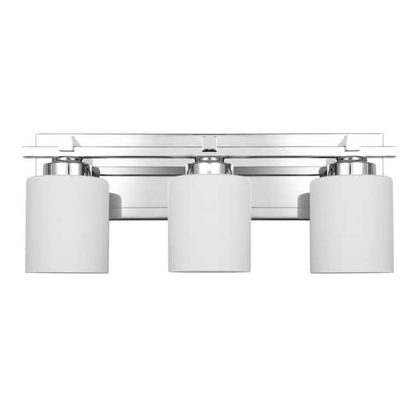 22 in. 3-Light Chrome Bathroom Vanity Light with White Glass Cylinder Shades, Dimmable for Bathroom, Vanity, or Mirror