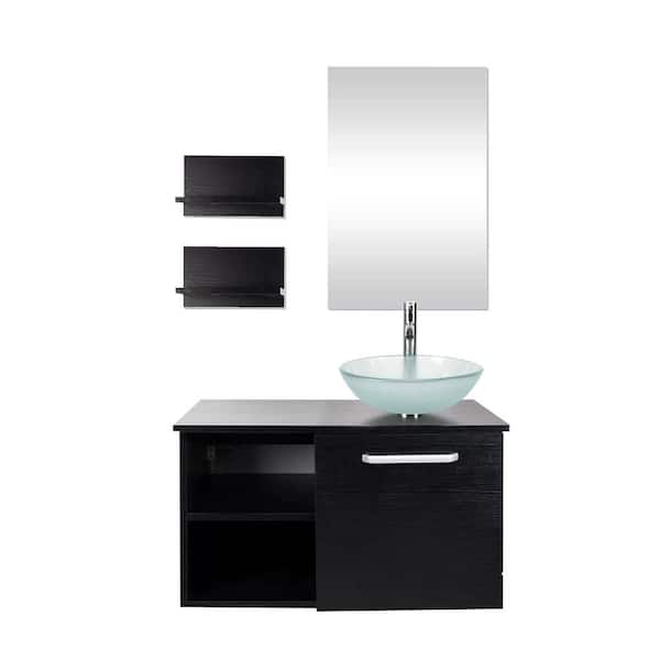 Puluomis 28 in. W x 19 in. D x 28 in. H Single Sink Bath Vanity in Black with Black Solid Top and Mirror