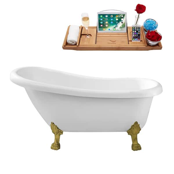 Streamline 61 in. Acrylic Clawfoot Non-Whirlpool Bathtub in Glossy White With Brushed Gold Clawfeet And Brushed Gold Drain
