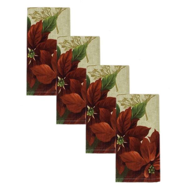 Threadmade Home Festive Poinsettia Holiday Cloth Napkins, Set of 4, Multicolor - 17"W x 17"L