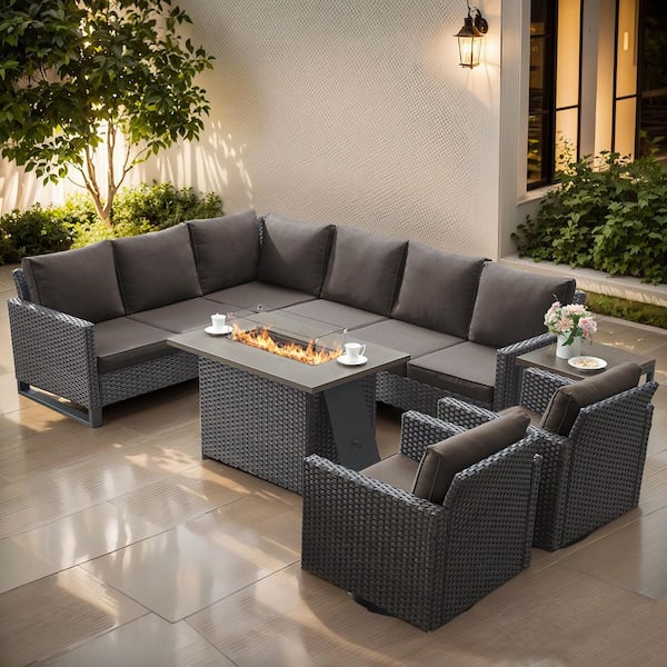 7-Piece Brown Wicker Fire Pit Conversation Set with Olefin Gray Cushions and Sectional Sofa/ Patio Swivel Chairs