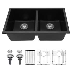 33 in. Undermount Black Quartz Composite Double Bowl Kitchen Sink with Bottom Grids and Strainer