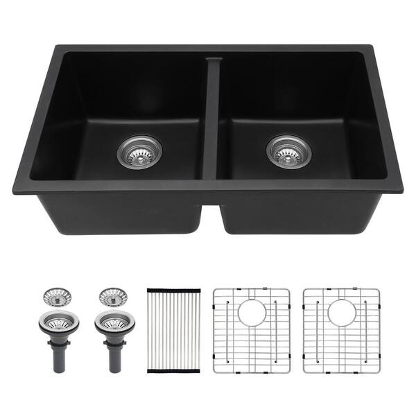 Logmey 33 in. Undermount Black Quartz Composite Double Bowl Kitchen
