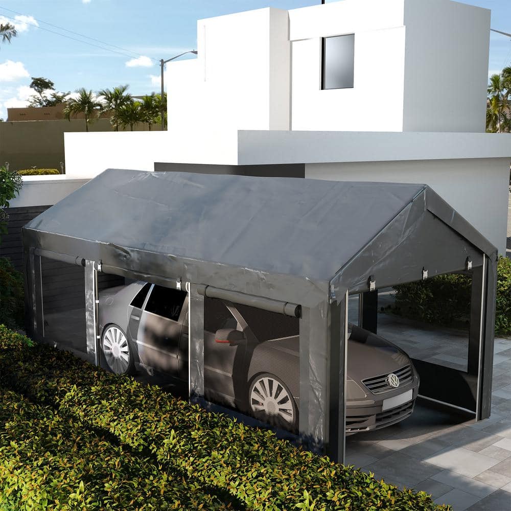10' x 20' Gray Metal Portable Carport with Windows