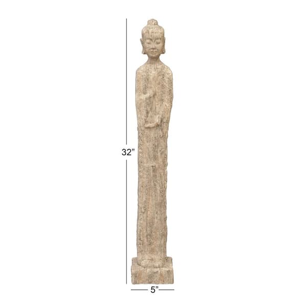 Mavern Beige 5 in. x 32 in. Polystone Meditating Buddha Sculpture with Engraved Carving