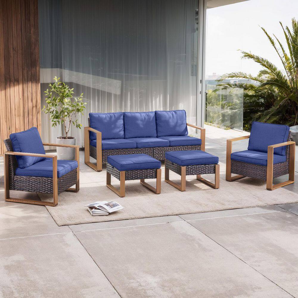 MetalWood 5-Piece Brown Wicker Patio Conversation Set with Armchairs and 4.5 in. Olefin Navy Blue Cushions price history on PriceWatchPro