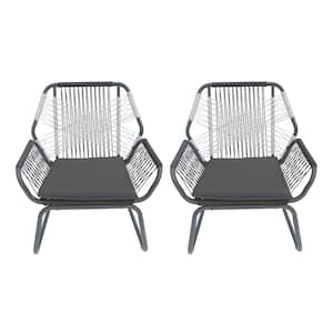 Gray Woven Rope Steel Outdoor Lounge Chair with Gray Cushions, Set of 2