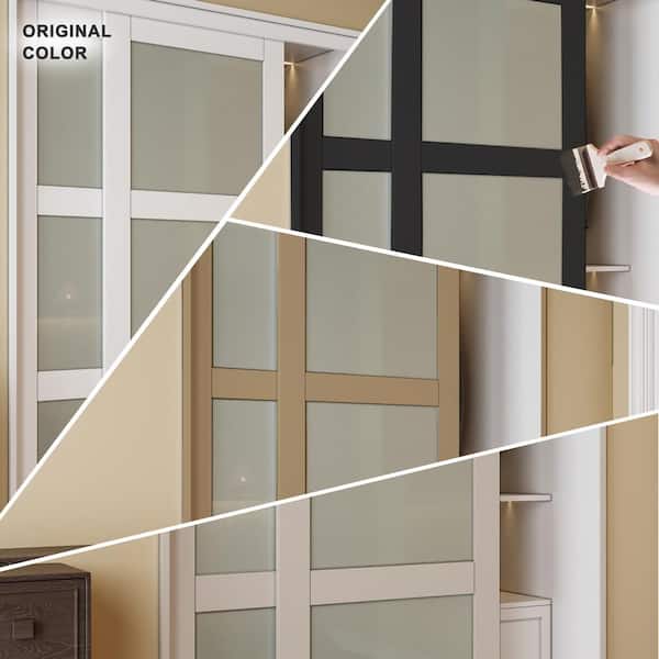 120 in. x 80 in. 5-Lite Frosted Glass Primed White MDF Closet Sliding Door No Grooving Black Handles and Hardware
