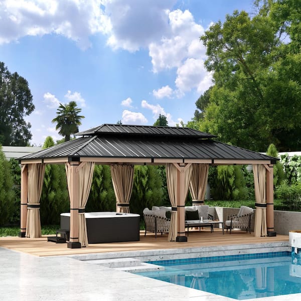 12 ft. x 20 ft. Cedar Solid Wood Frame Galvanized Steel Double Top Gazebo with 4-Waterproof Polyester Perimeter Fabrics