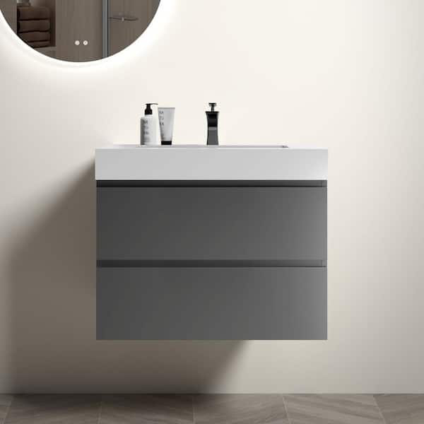30 in. Single Sink Wall Mounted Space Gray Bath Vanity with White Solid Surface Top Unassembled