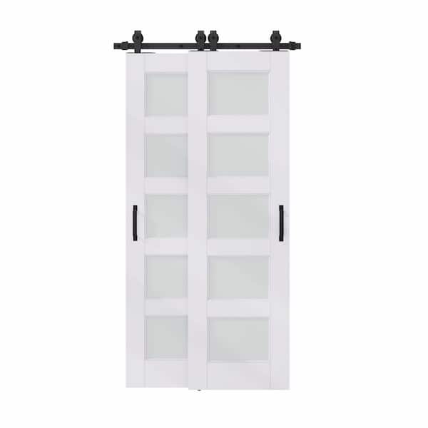28 in. x 80 in. (Two 18 in.) Bypass Save Space 5 Lite Frosted Glass White Primed MDF Sliding Barn Door with Hardware Kit