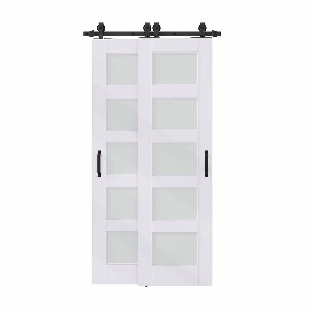 40 in. x 80 in. (Two 24 in.) Bypass Save Space 5 Lite Frosted Glass White Primed MDF Sliding Barn Door with Hardware Kit price history on PriceWatchPro