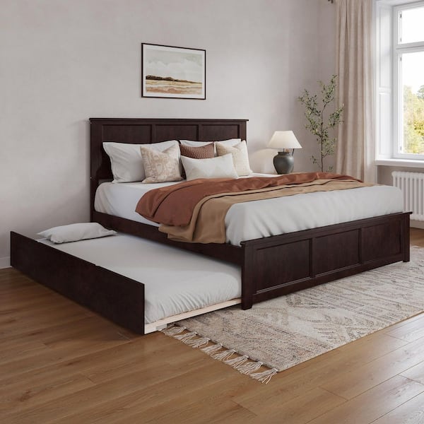Madison Espresso Black Solid Wood Frame King Platform Bed with Matching Footboard and Twin XL Trundle