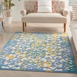 Aloha Ivory Blue 6 ft. x 9 ft. Floral Contemporary Indoor/Outdoor Patio Area Rug