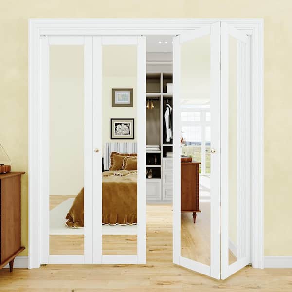 72 in. x 96 in. 1-Lite Mirrored Glass Solid Core MDF White Prefinishied Closet Bifold Door with Hardware Kit