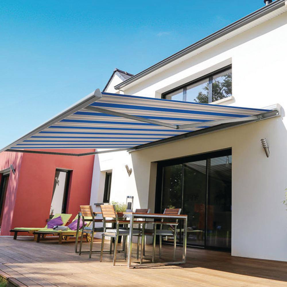 Ocean Blue and Beige Striped Acrylic Retractable Patio Awning
