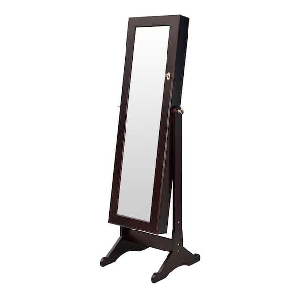 Unbranded Brown European-Style Retro with Full-Length Mirror Wooden Vertical Jewelry Cabinet with LED Lights