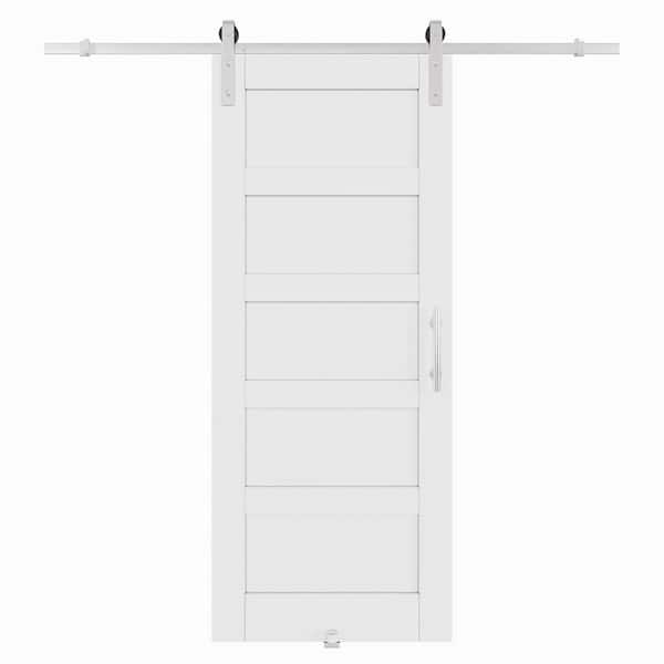 32 in. x 96 in. White Primed 5-Lite Pattern Paneled MDF Sliding Barn Door with Hardware Kit Nickel Plated