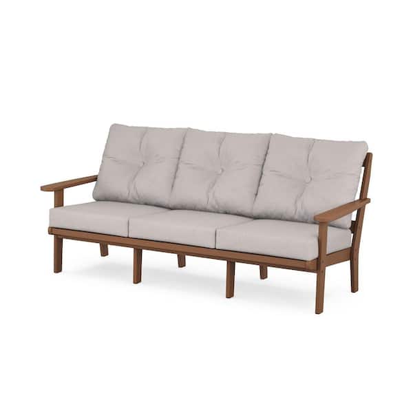 POLYWOOD Mission Plastic Outdoor Deep Seating Couch in Teak with Dune Burlap Cushions