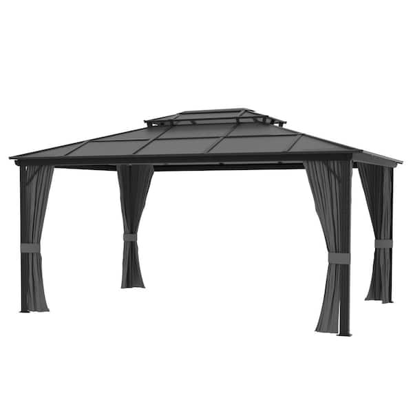 VEIKOUS 16 ft. W x 12 ft. D Polycarbonate Double Top Gazebo with Gray ...