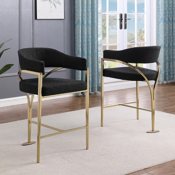 Nayla 37.5 in H. Black Low Back Metal Frame Counter Stool With Boucle Fabric Matte Brushed Gold Chrome Base Set of 2