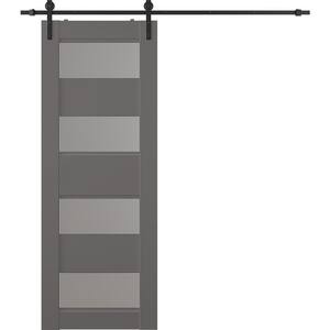 Della 28 in. x 96 in. 4-Lite Frosted Glass Gray Matte Wood Composite Sliding Barn Door with Hardware Kit