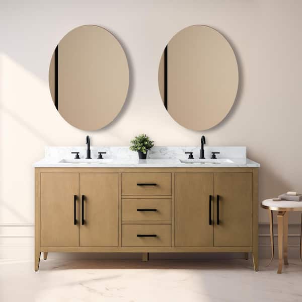 Vanity Art 72 in. W x 22 in. D x 34 in. H Double-Sink Bathroom Vanity in Natural Oak with Engineered Marble Top in Arabescato White