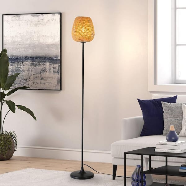 Zompoo Modern 61.6 in. 1-Light Black Metal Standard Floor Lamp for Living Room with Bamboo Shade, Foot Switch