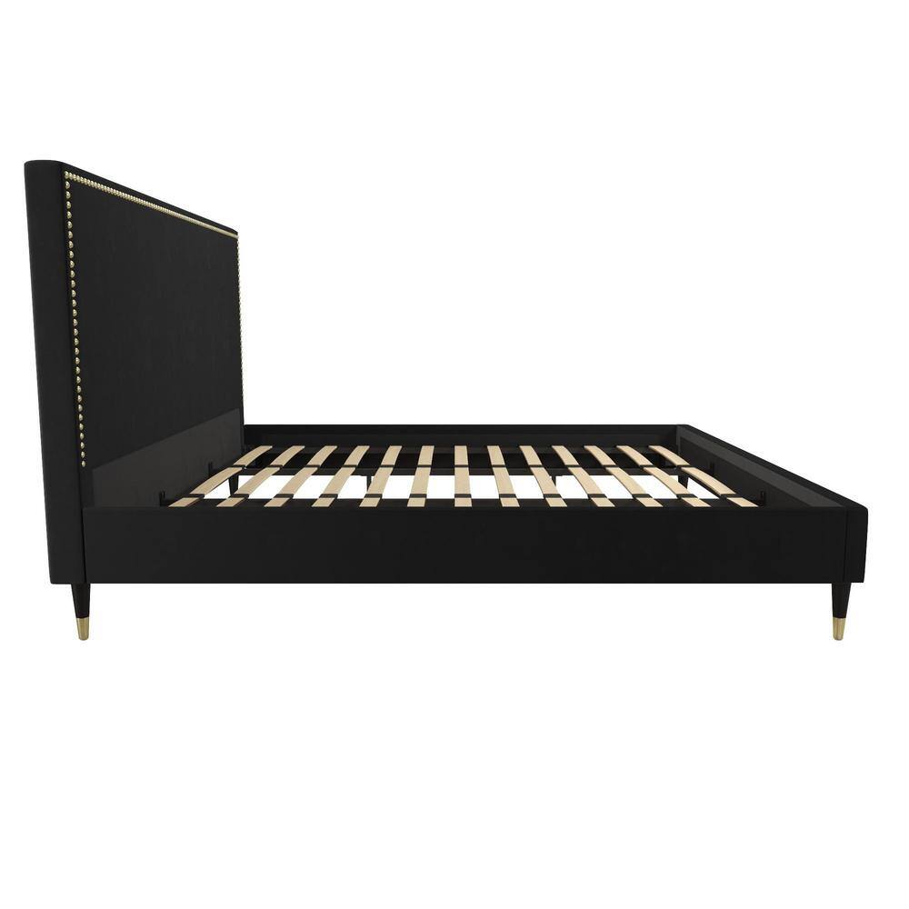 Audrey King Black Velvet Upholstered Platform Bed with Nailhead Trim